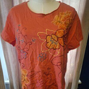 Coldwater Creek Orange Tee w/Embroidered Flowers